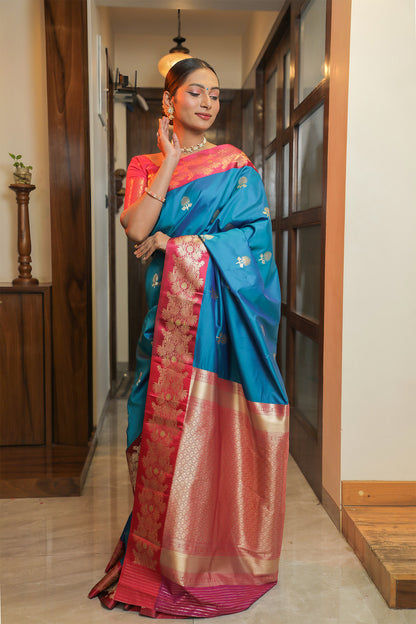 Blue and Pink Mulberry Silk Saree