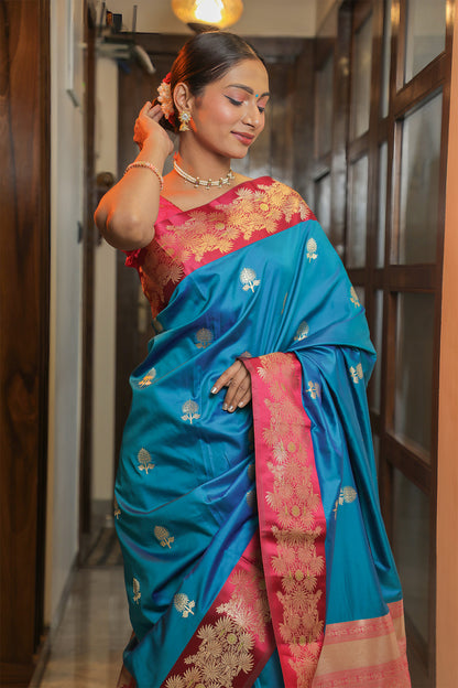 Blue and Pink Mulberry Silk Saree