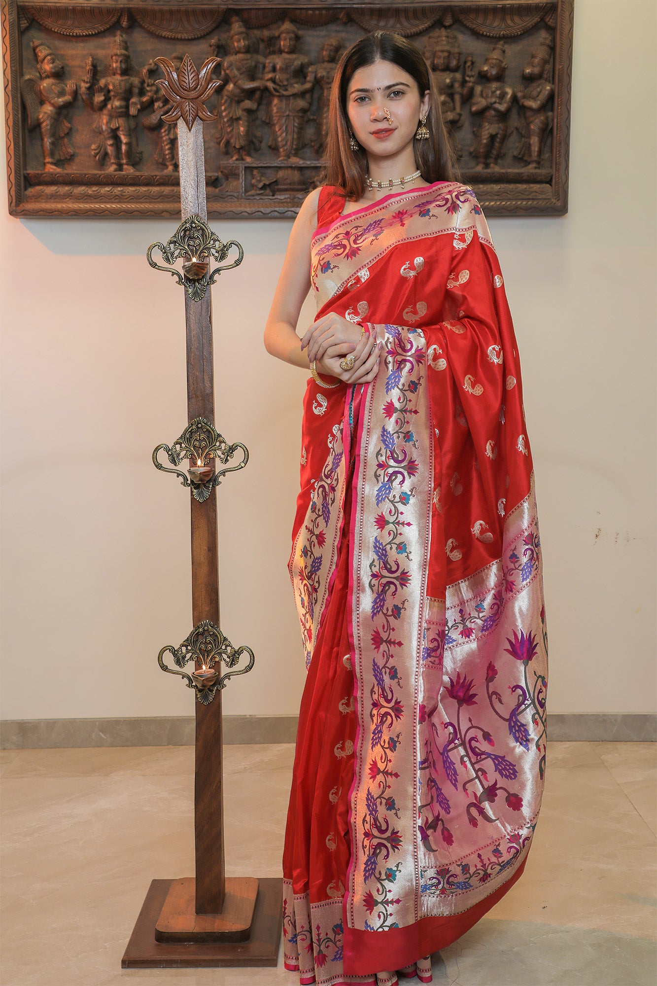 Red & Pink Muga Silk Paithani Saree