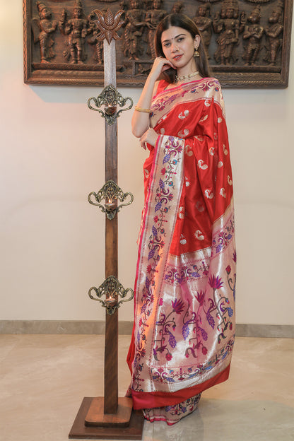 Red & Pink Muga Silk Paithani Saree