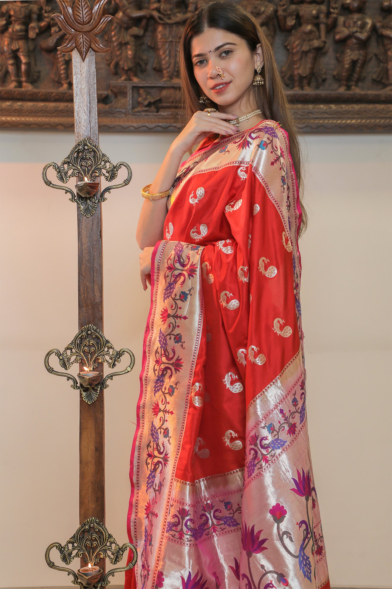 Red & Pink Muga Silk Paithani Saree