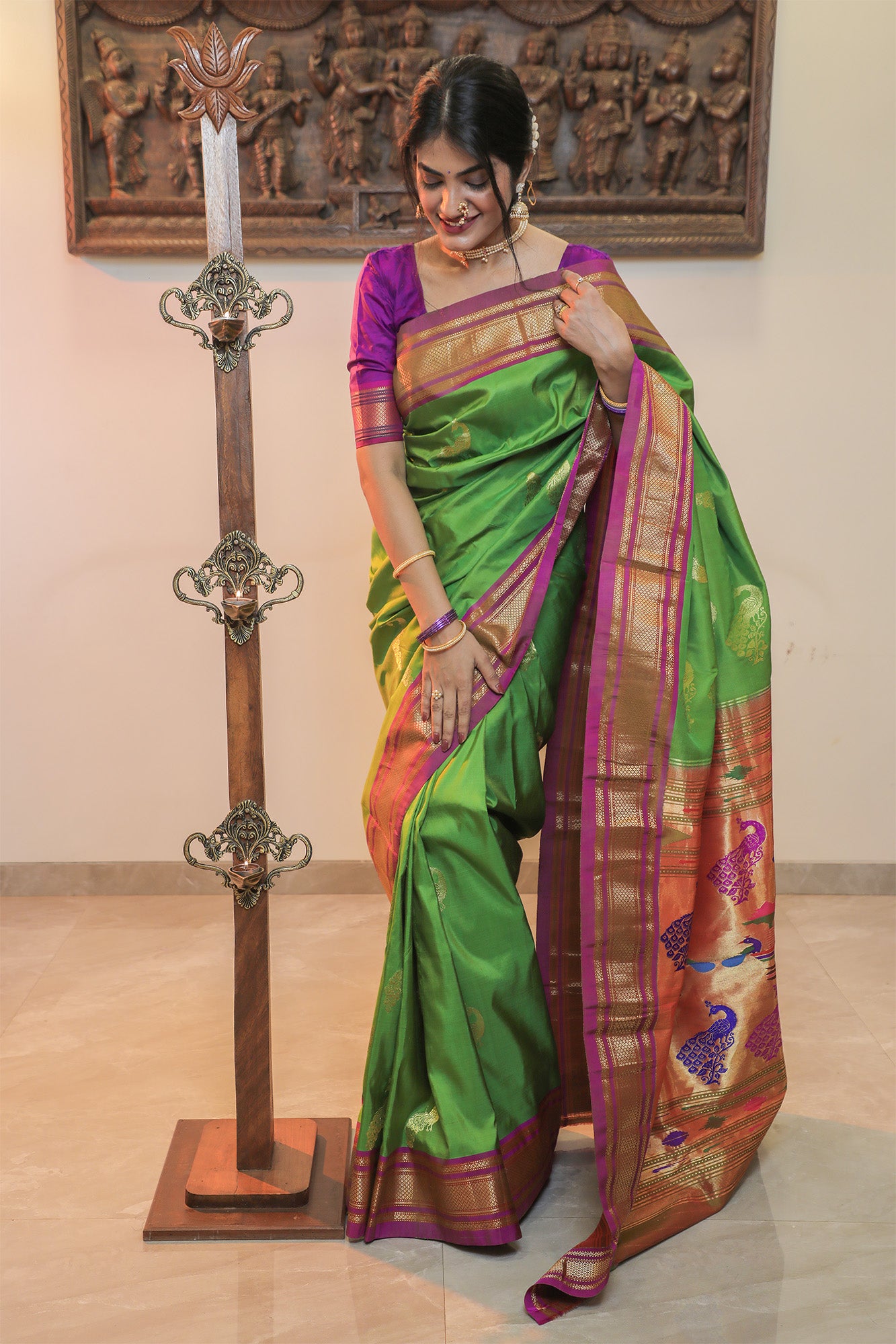 Parrot Green & Lavender Eri Silk Paithani Saree