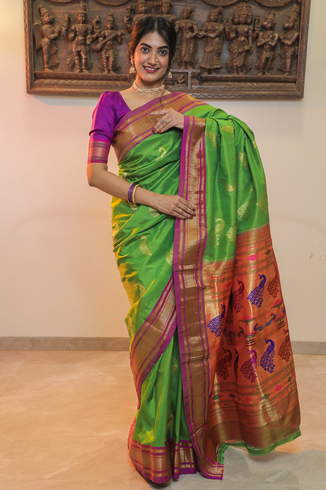 Parrot Green & Lavender Eri Silk Paithani Saree