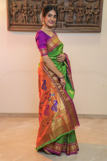 Parrot Green & Lavender Eri Silk Paithani Saree