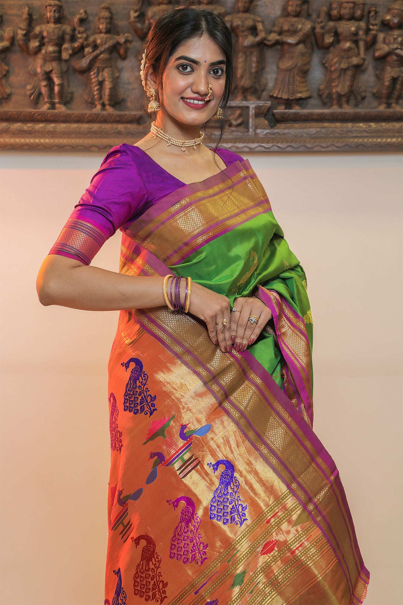 Parrot Green & Lavender Eri Silk Paithani Saree