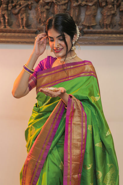 Parrot Green & Lavender Eri Silk Paithani Saree