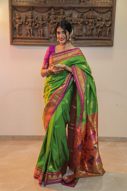 Parrot Green & Lavender Eri Silk Paithani Saree