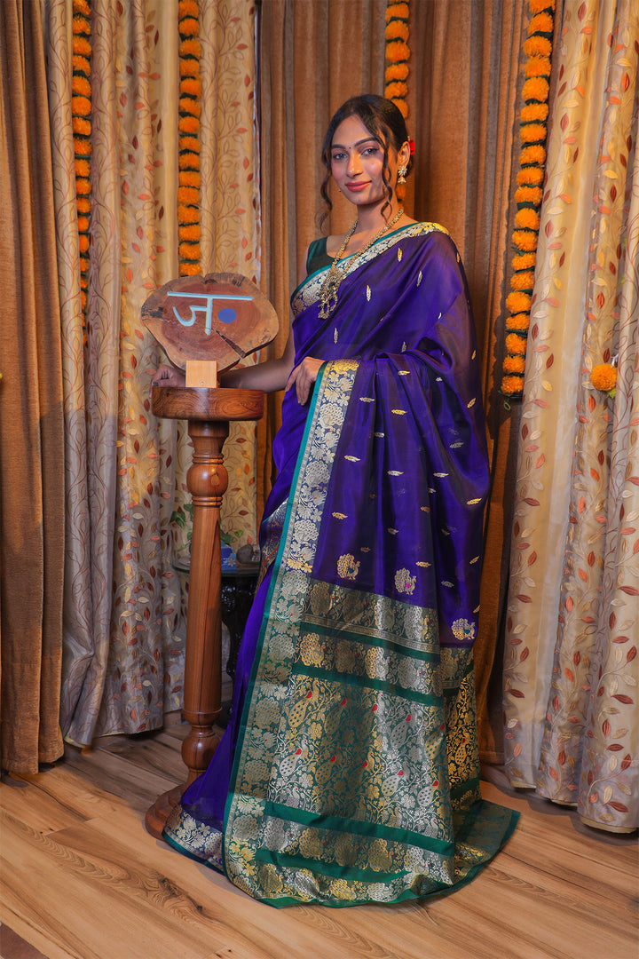 Royal Blue and Green Peshwai Handcrafted Saree