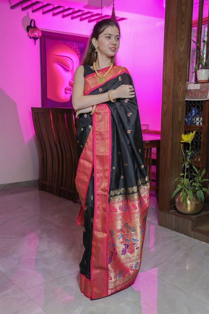 Black and Pink Paithani Silk Saree