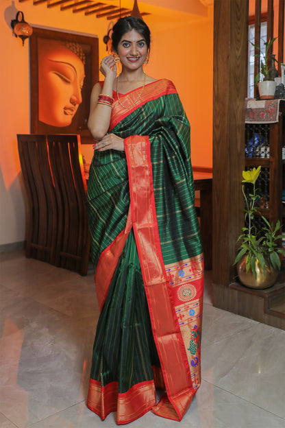 Green & Red Paithani Silk Saree