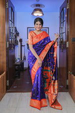 Load image into Gallery viewer, Blue and Saffron Paithani Silk Saree
