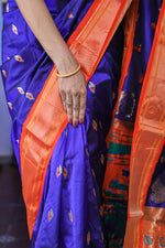 Load image into Gallery viewer, Blue and Saffron Paithani Silk Saree
