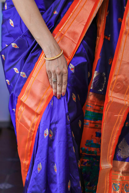 Blue and Saffron Paithani Silk Saree