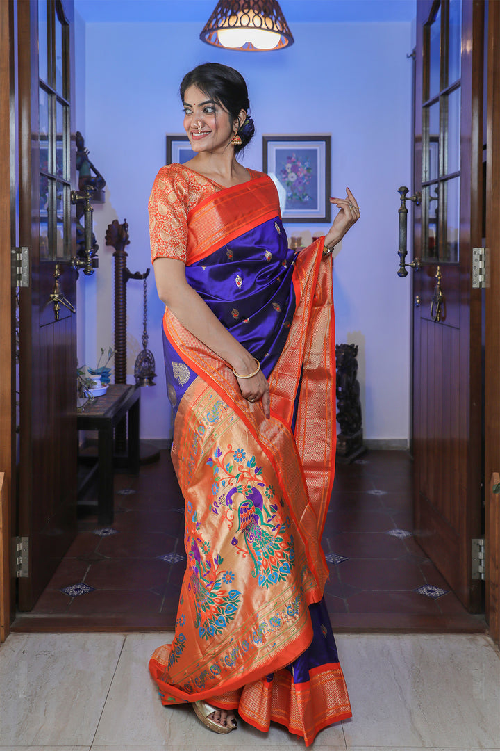 Blue and Saffron Paithani Silk Saree