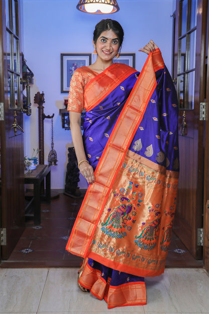 Blue and Saffron Paithani Silk Saree