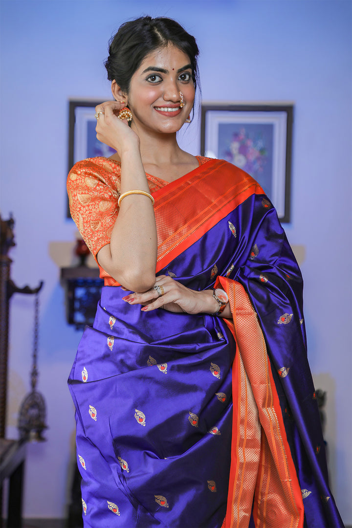 Blue and Saffron Paithani Silk Saree