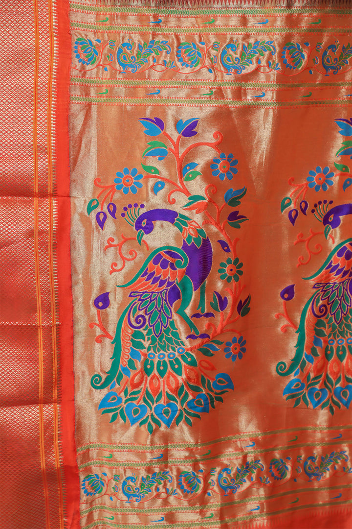 Blue and Saffron Paithani Silk Saree