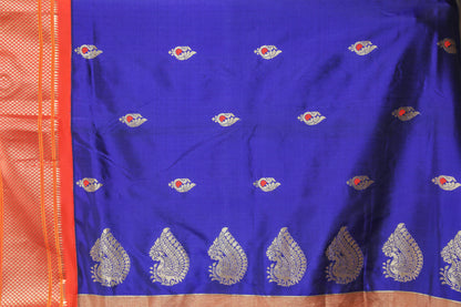 Blue and Saffron Paithani Silk Saree