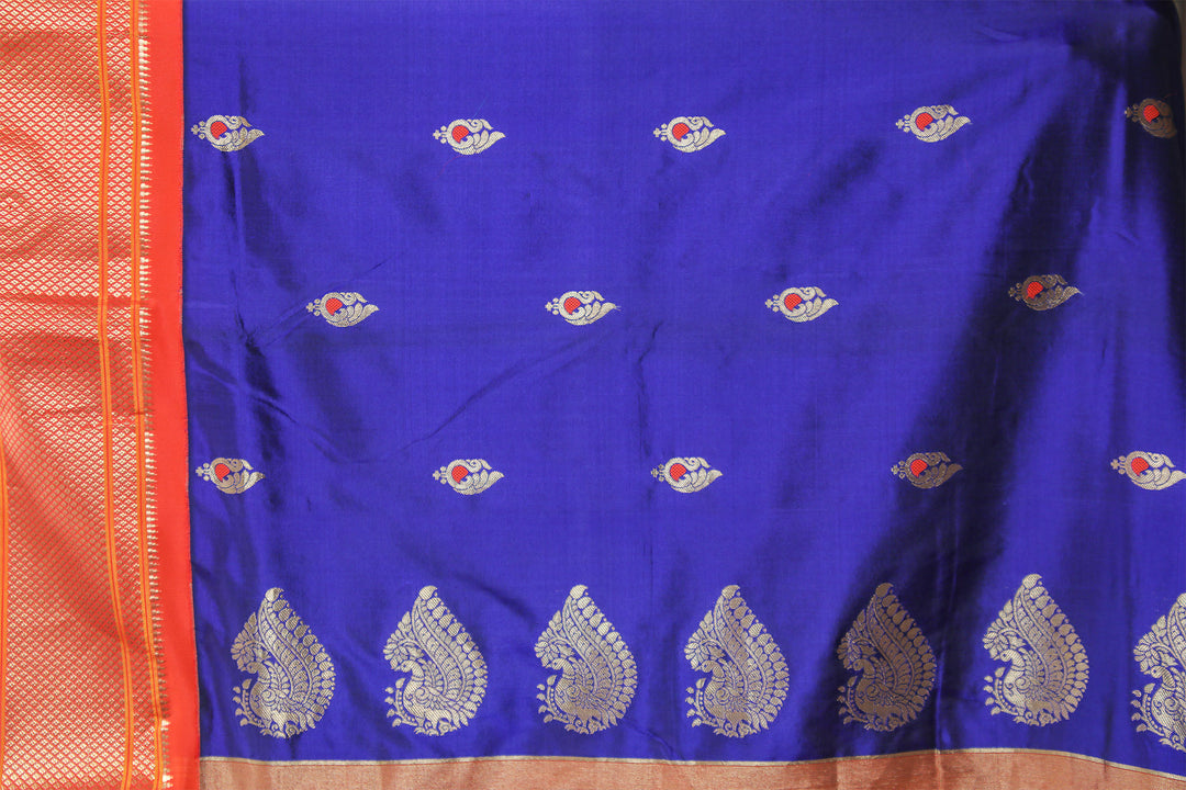 Blue and Saffron Paithani Silk Saree