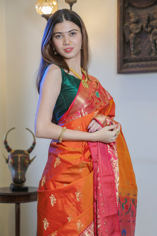 Pink & Orange Paithani Silk Saree