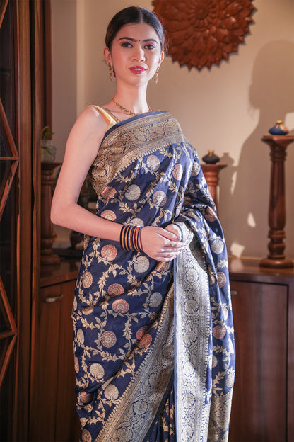 Deep Blue Katan Banarasi Silk Saree with Jaal Work