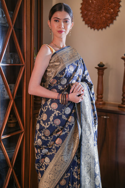 Deep Blue Katan Banarasi Silk Saree with Jaal Work