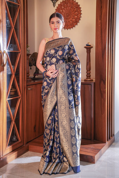 Deep Blue Katan Banarasi Silk Saree with Jaal Work