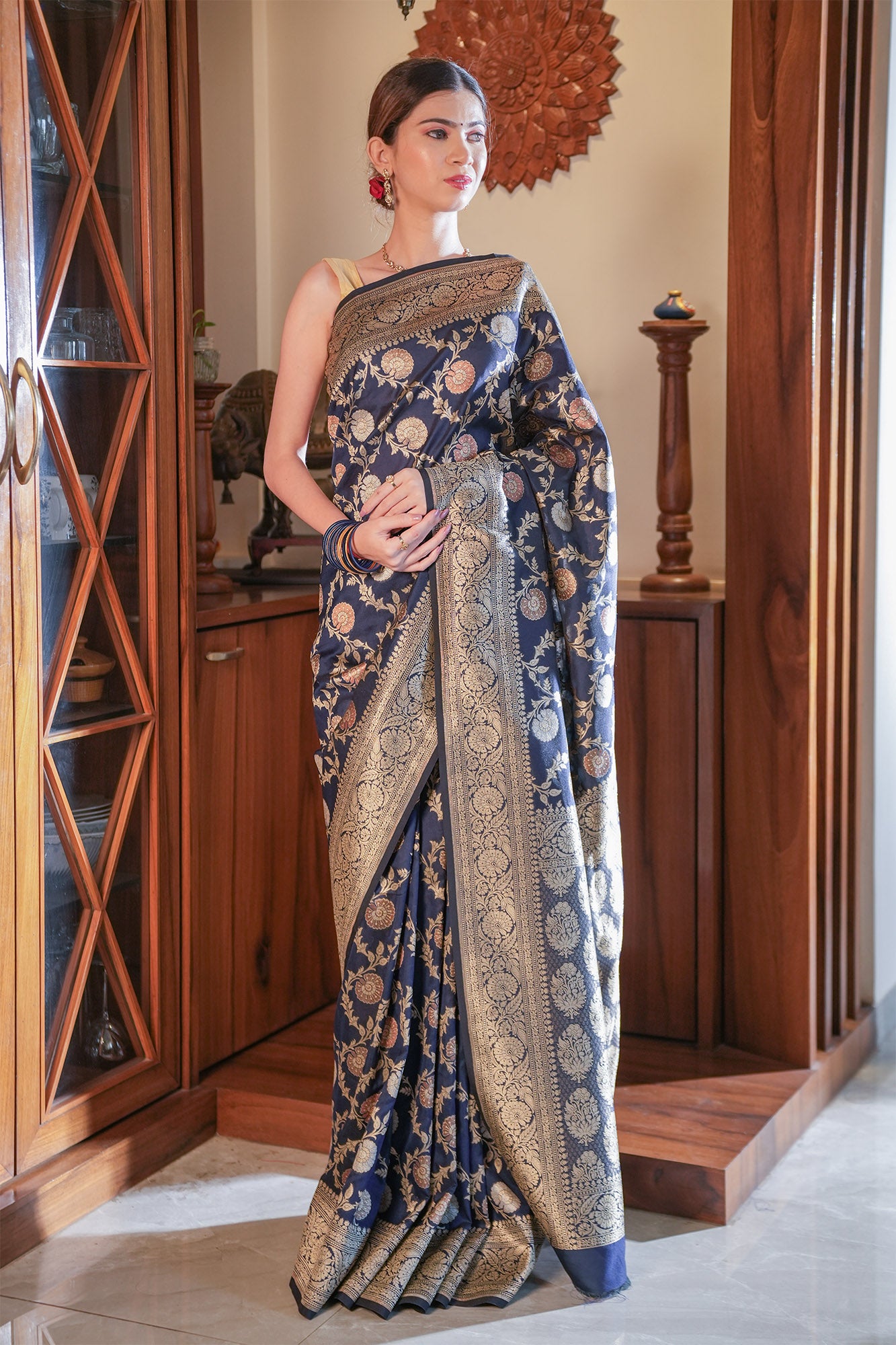 Deep Blue Katan Banarasi Silk Saree with Jaal Work