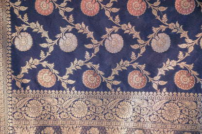 Deep Blue Katan Banarasi Silk Saree with Jaal Work