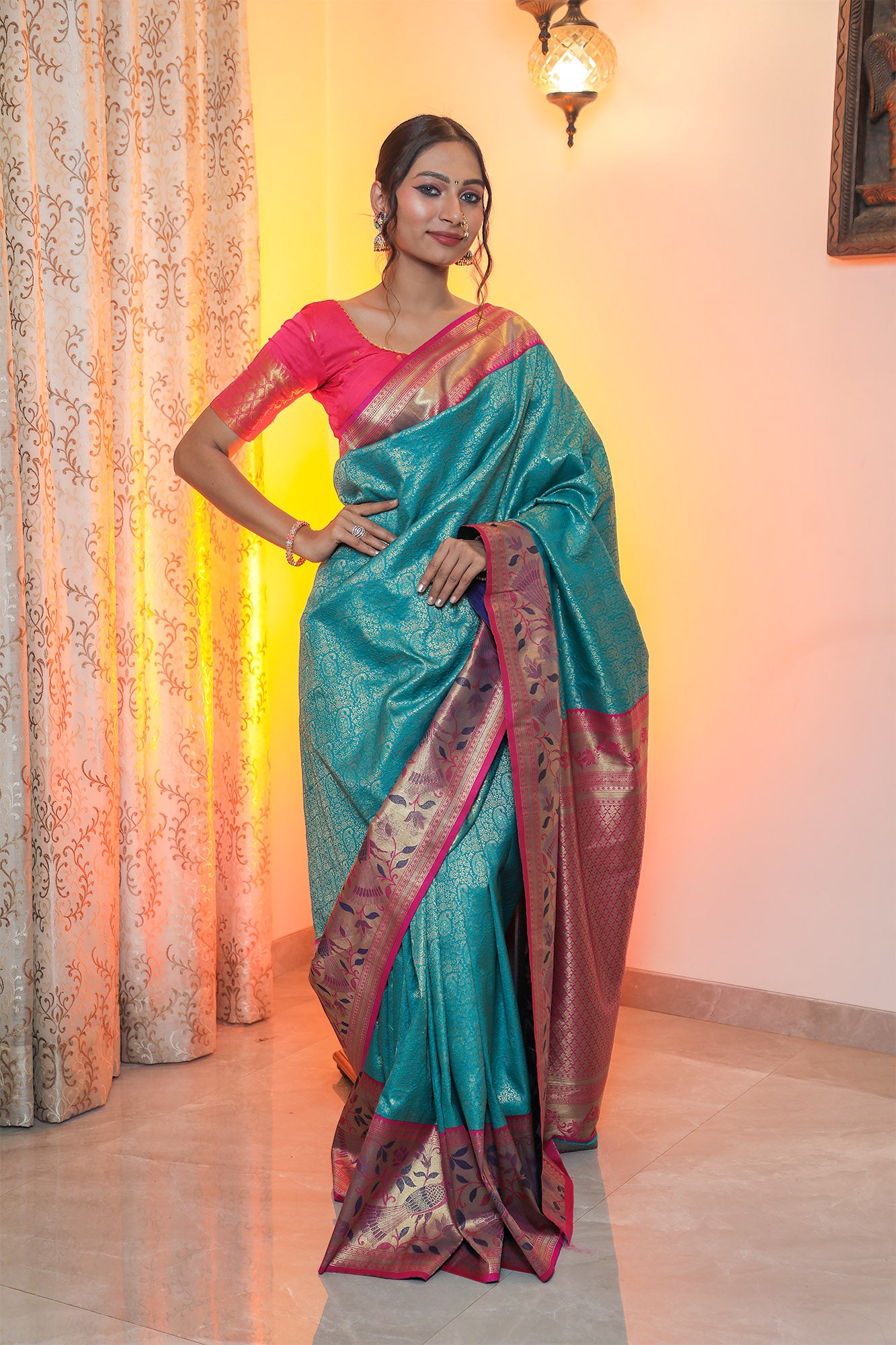 Greenish Blue & Pink Paithani Jamawar Brocade Saree