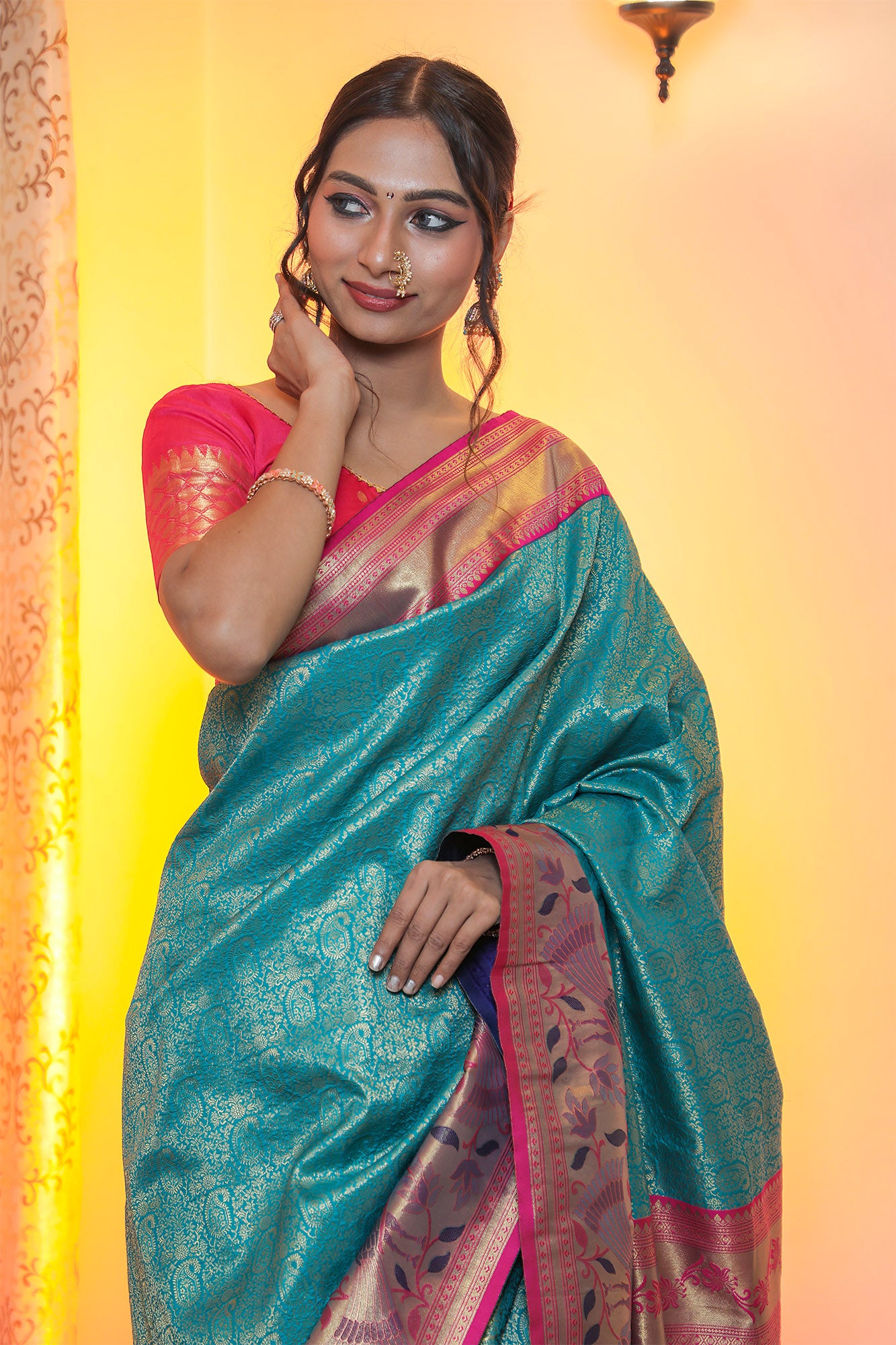 Greenish Blue & Pink Paithani Jamawar Brocade Saree