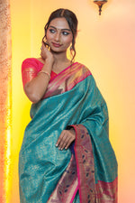 Load image into Gallery viewer, Greenish Blue &amp; Pink Paithani Jamawar Brocade Saree
