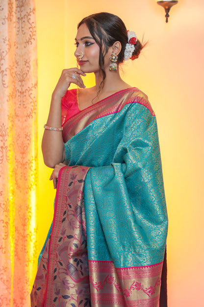 Greenish Blue & Pink Paithani Jamawar Brocade Saree