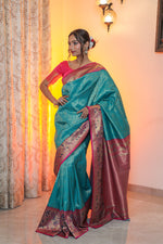 Load image into Gallery viewer, Greenish Blue &amp; Pink Paithani Jamawar Brocade Saree
