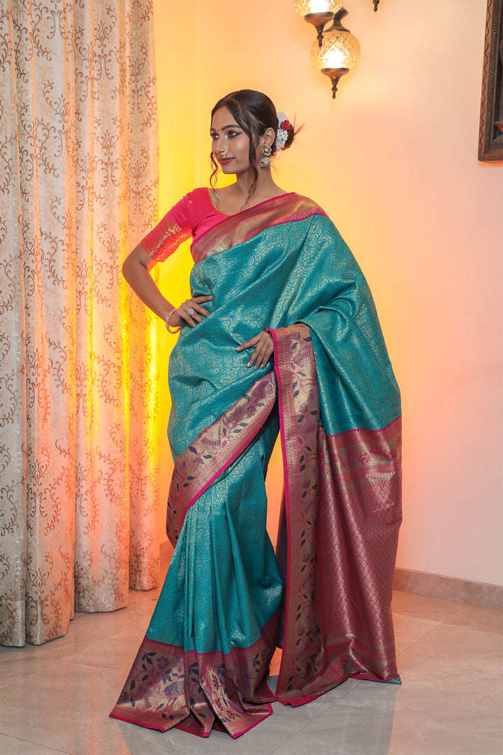 Greenish Blue & Pink Paithani Jamawar Brocade Saree