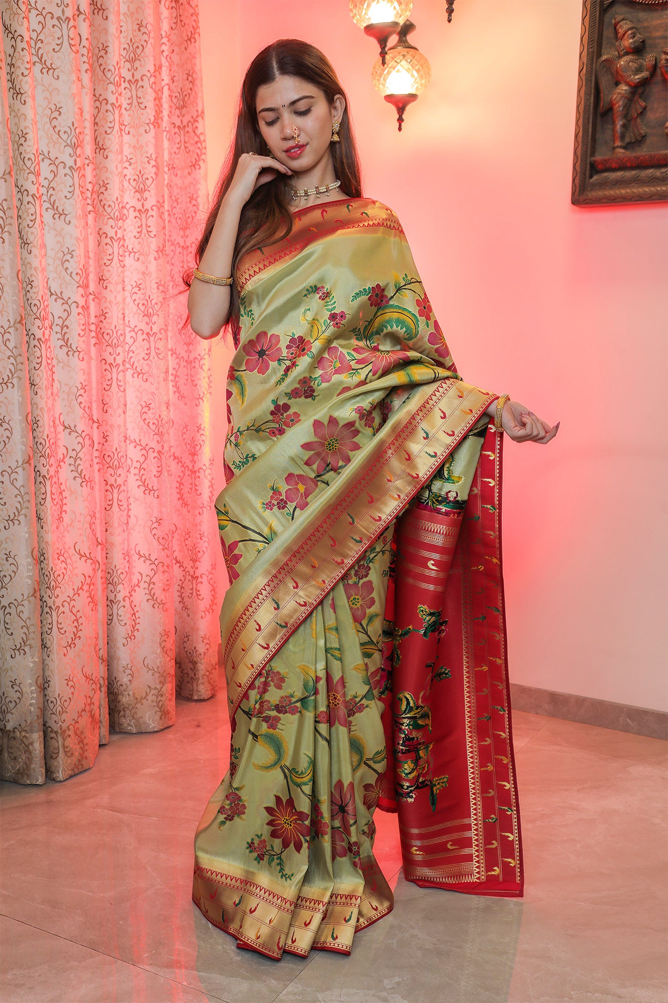 Fuschia Pink & Green Mulberry Silk Paithani Saree