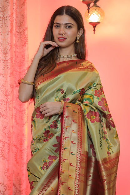 Fuschia Pink & Green Mulberry Silk Paithani Saree