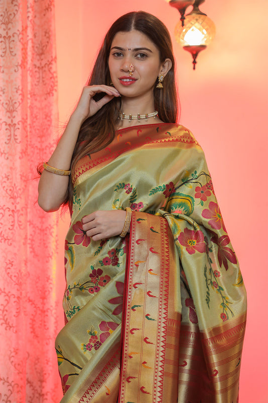 Fuschia Pink & Green Mulberry Silk Paithani Saree