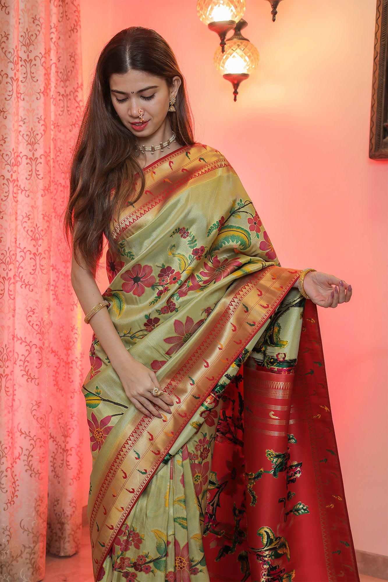 Fuschia Pink & Green Mulberry Silk Paithani Saree