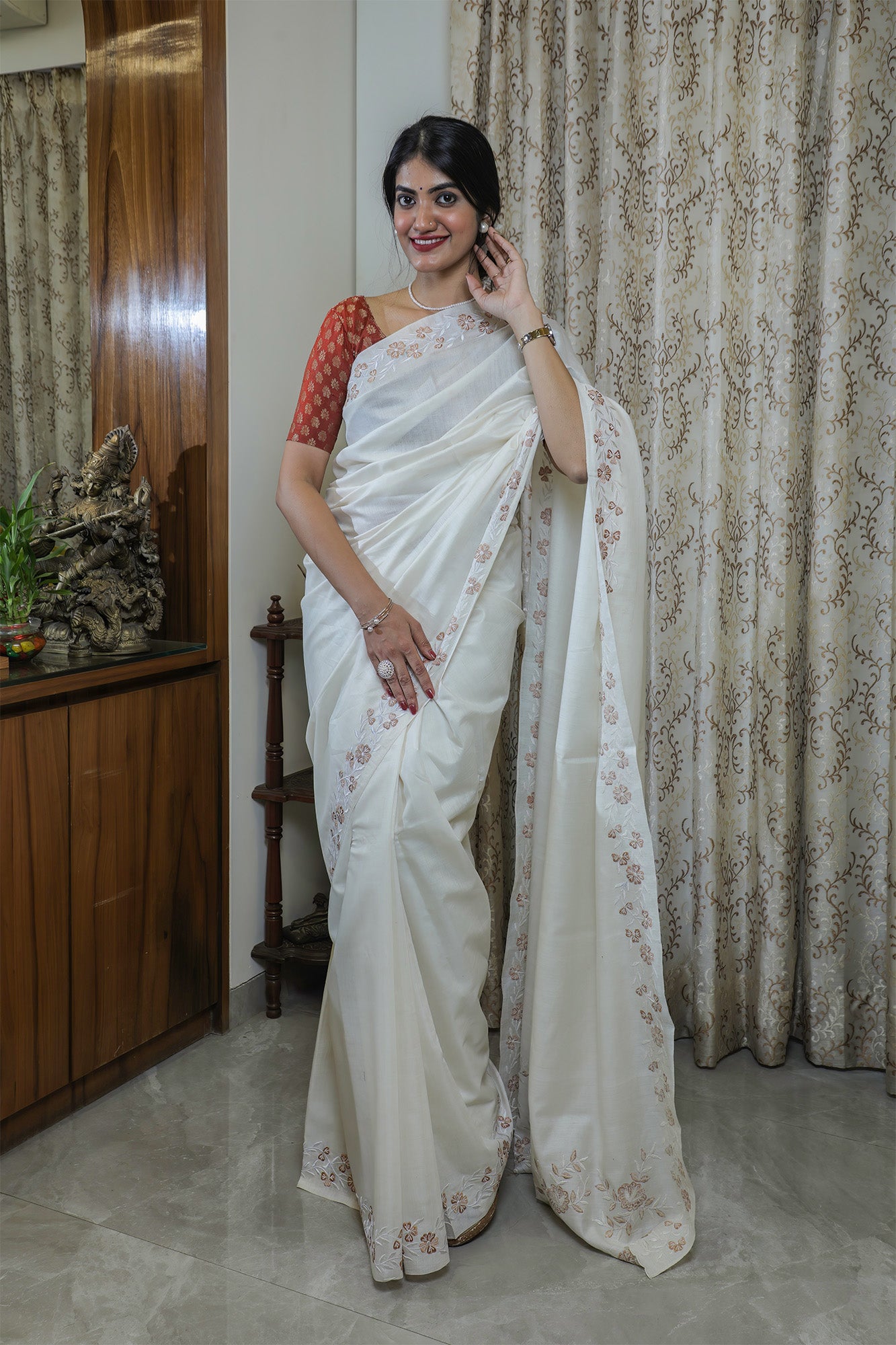 White Embroidered Bapta Silk Saree