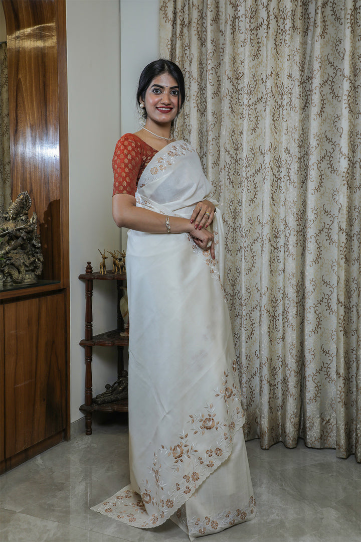 White Embroidered Bapta Silk Saree