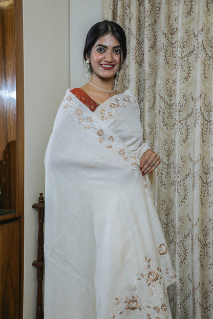 White Embroidered Bapta Silk Saree