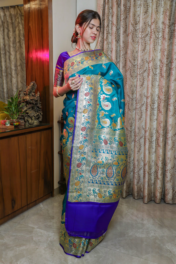 Greenish Blue Satin Silk Paithani Saree