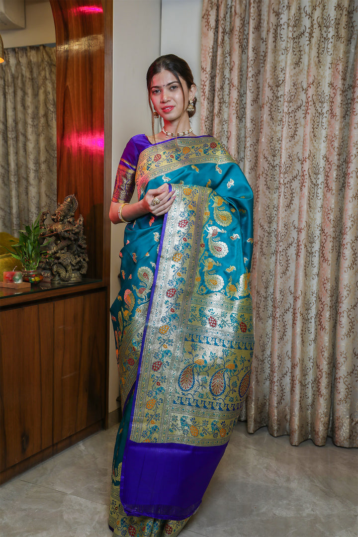 Greenish Blue Satin Silk Paithani Saree