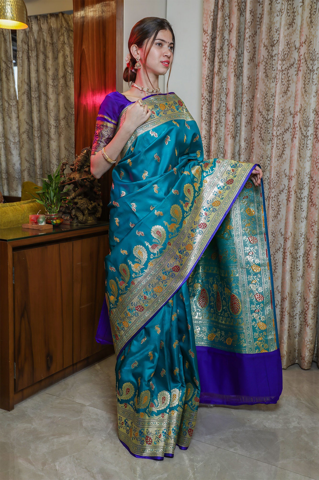 Greenish Blue Satin Silk Paithani Saree