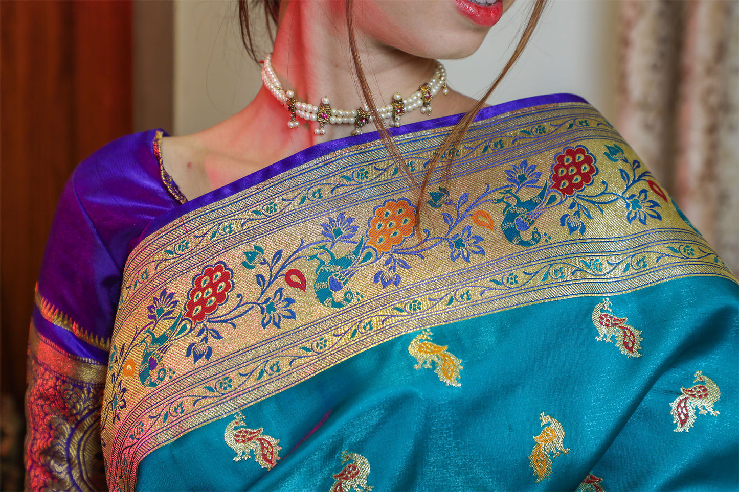 Greenish Blue Satin Silk Paithani Saree