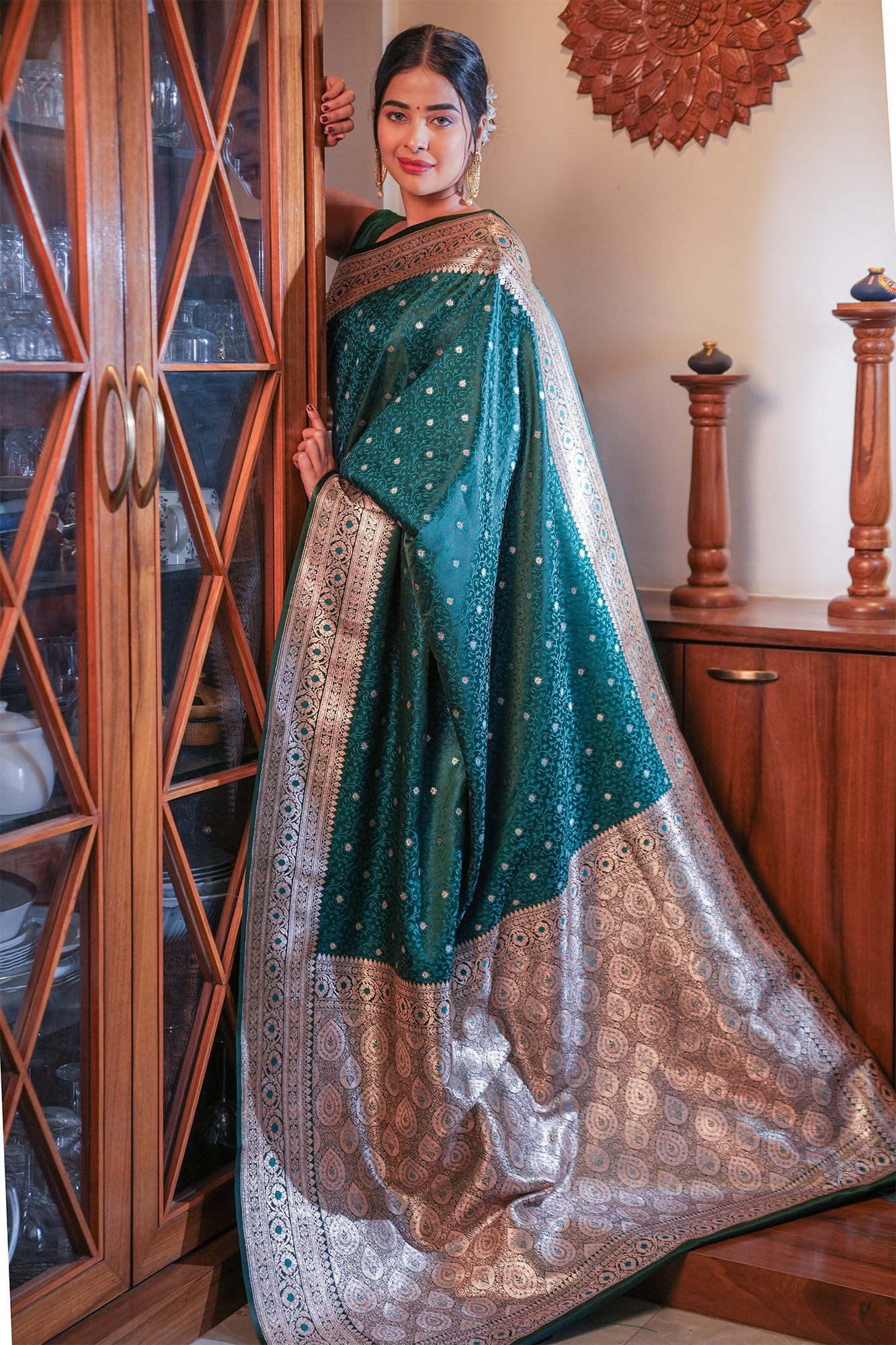 Royal Green Jamdani Banarasi Satin Silk Saree