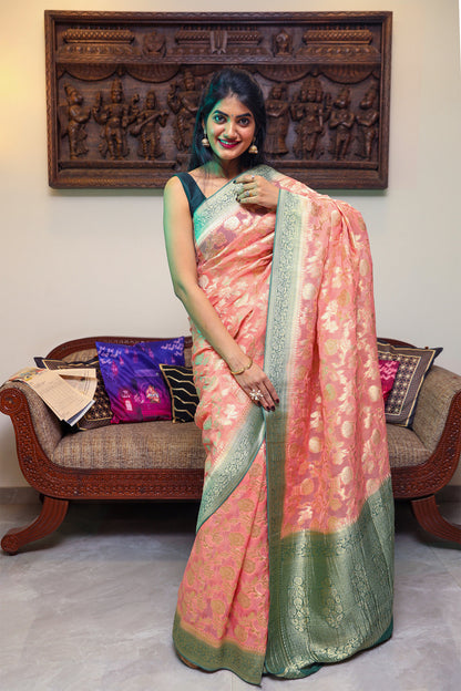 Pastel Pink and Green Banarasi Georgette Silk Saree