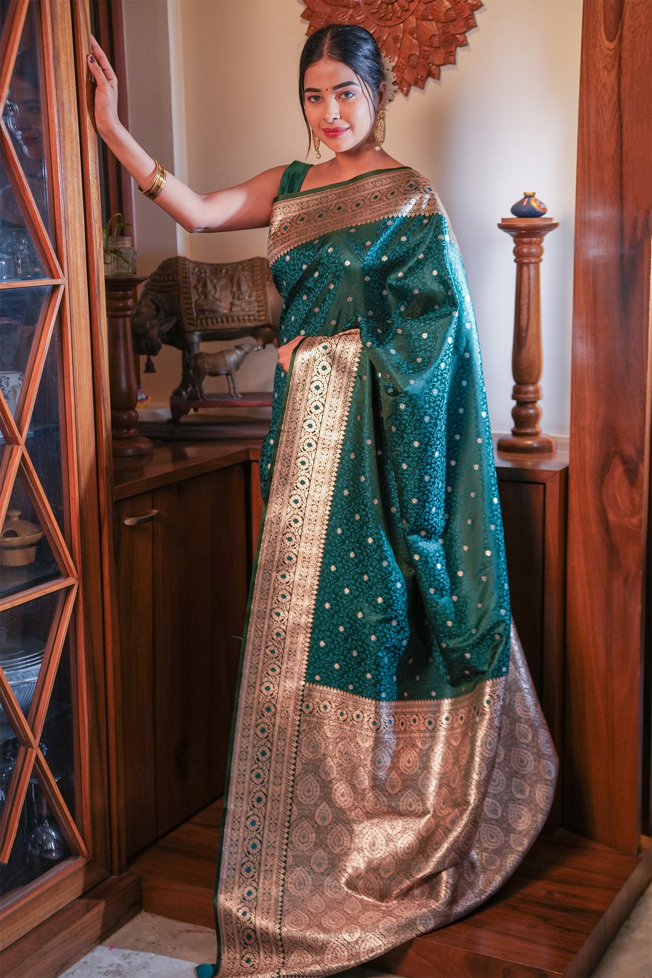 Royal Green Jamdani Banarasi Satin Silk Saree