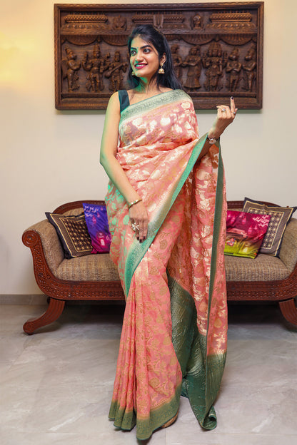 Pastel Pink and Green Banarasi Georgette Silk Saree